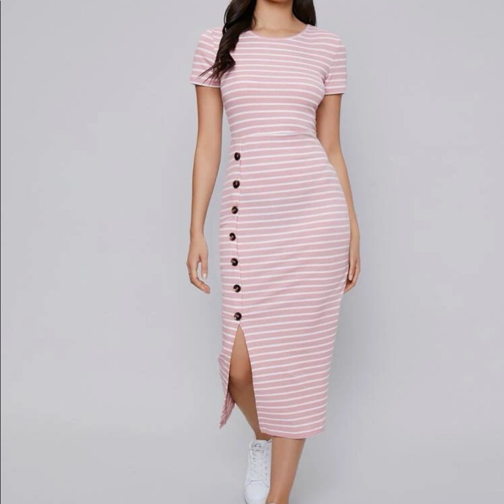 Buttoned Front Split Hem Striped Dress - image 1